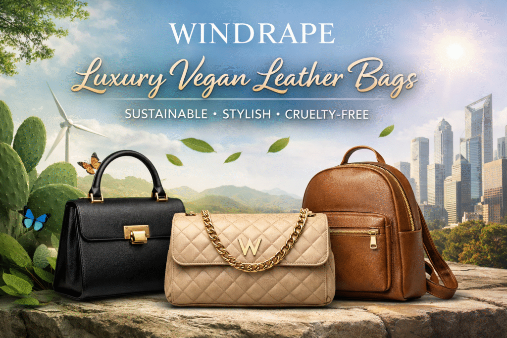 Luxury vegan leather bags by Windrape displayed with sustainable cactus-based materials and modern city background, showcasing eco-friendly fashion.